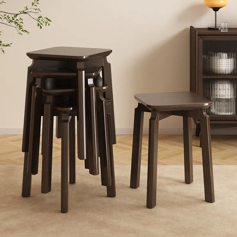 Solid Wood Stool Household Small Square Bench Stackable Simple Round Low Stool for Dressing Table Living Room Dining Chair