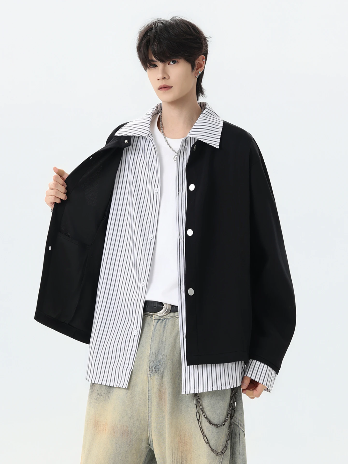 Cleanfit Men's Loose Fit Striped Patchwork Open Cardigan Sweatshirt Spring Autumn Design Casual Long Sleeve Button up Jacket