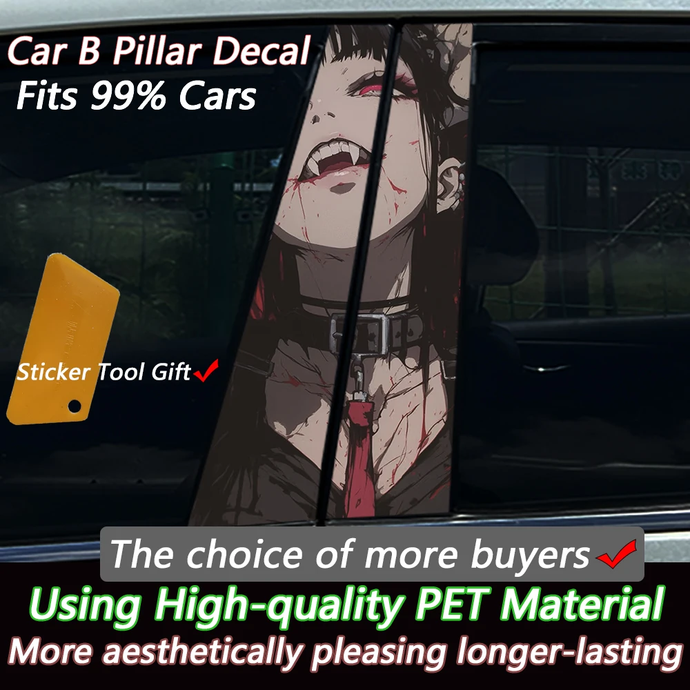 2PCS Anime Vampire Girl Print Car B Pillar Sticker, Waterproof Vinyl Anti-scratch Decor Protector Film