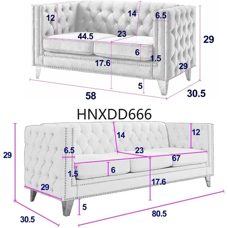 Velvet Sofa Set of 2, Tufted Back Couch with Rivet Accent, Solid Metal Tapered Legs, Stylish Living Room Sofas