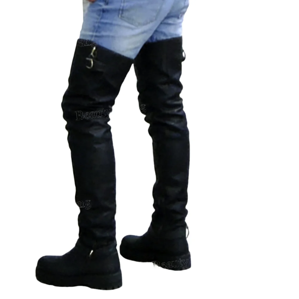Herren-Stiefel mit seitlicher Schnalle, große schwarze Overknee-Ritterstiefel aus mattem Leder, bequeme Schuhe für Herren