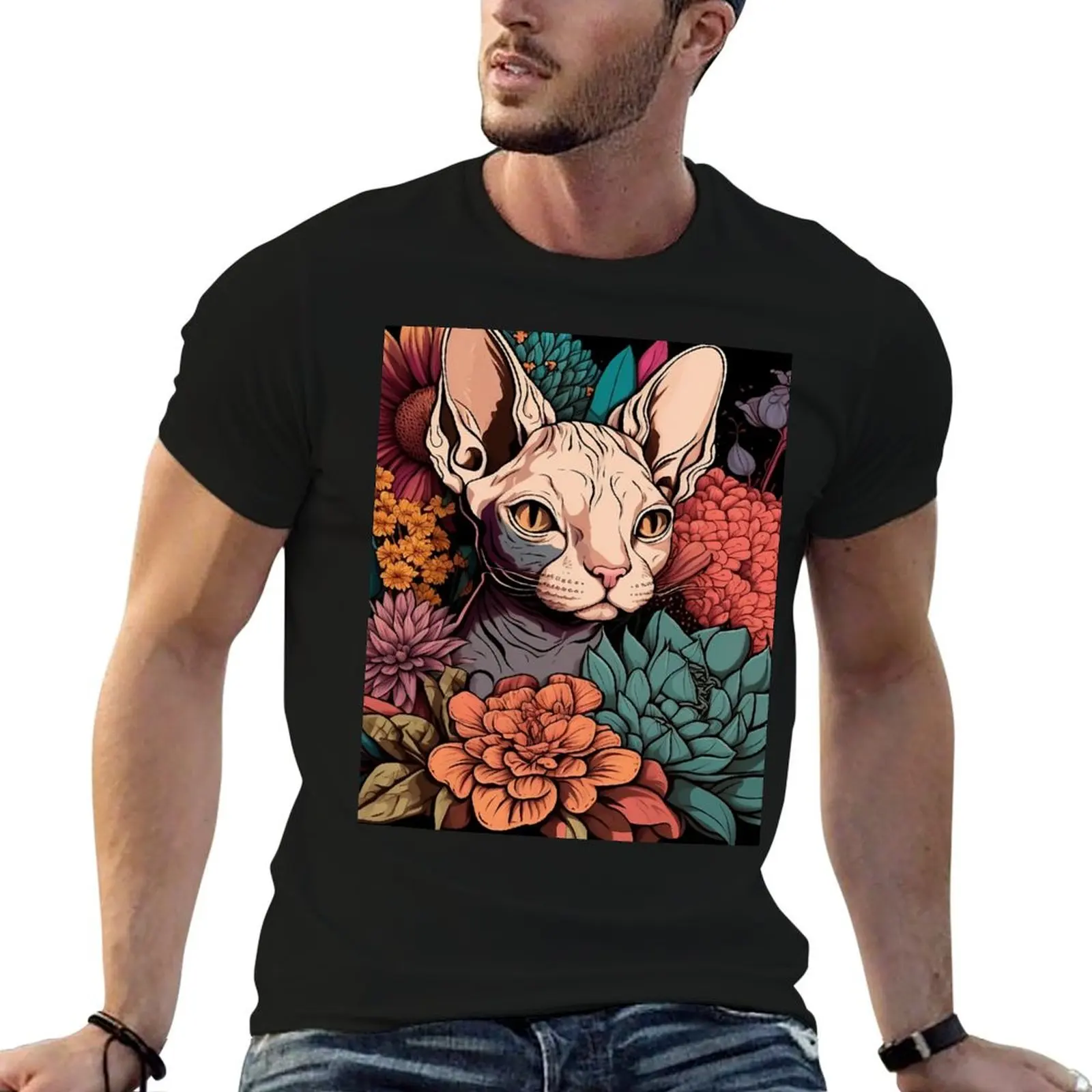 Sphynx cat surrounded by flowers. T-Shirt Big Size Crew Neck T-Shirt