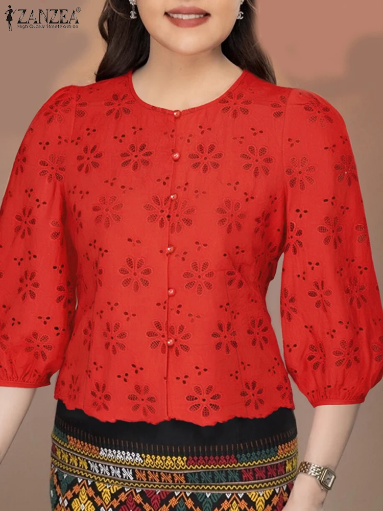 2025 ZANZEA Summer Lace Patchwork Blouses Elegant 3/4 Sleeve Work Blusas Embroidery Shirt Stylish Women Tunic Tops Plus Size