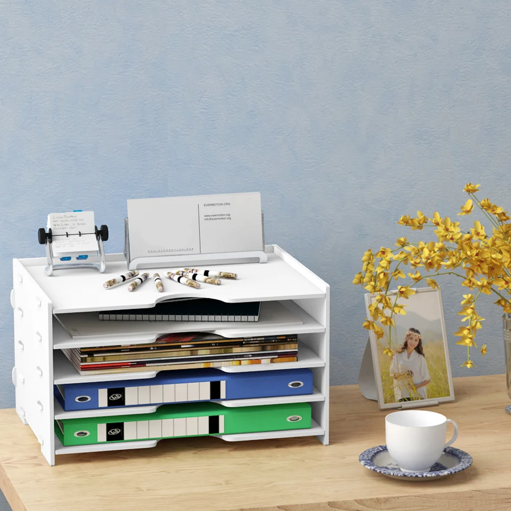 

Desktop Storage Rack File Shelves Office Four-Layer White PVC Plastic Wood Desk Organizer File Classification Shelf for Office