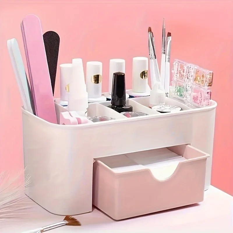 Nail Polish Organizer Storage Container with Multiple Compartments & Cleaning Pad - Portable Nail Art Tools Holder