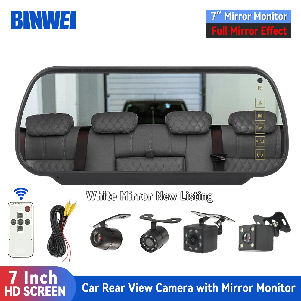 BINWEI 7 Inch Rear view Car White Mirror Monitor with Camera for Vehicle Parking Rearview Backup Camera Screen Display Universal