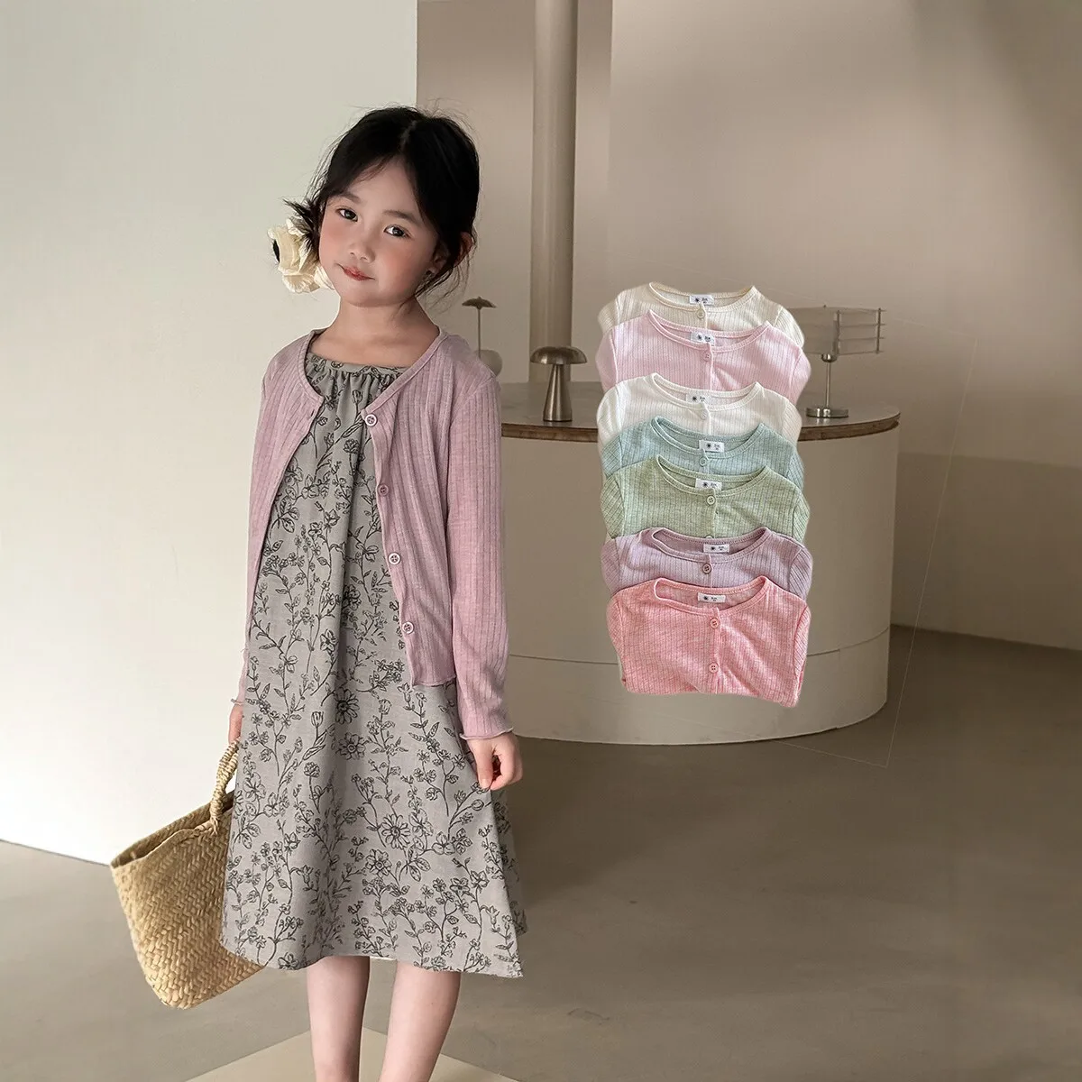 New spring  cardigan jacket for girls  Korean long sleeved solid color knitted top  children's stylish outerwear  thin style
