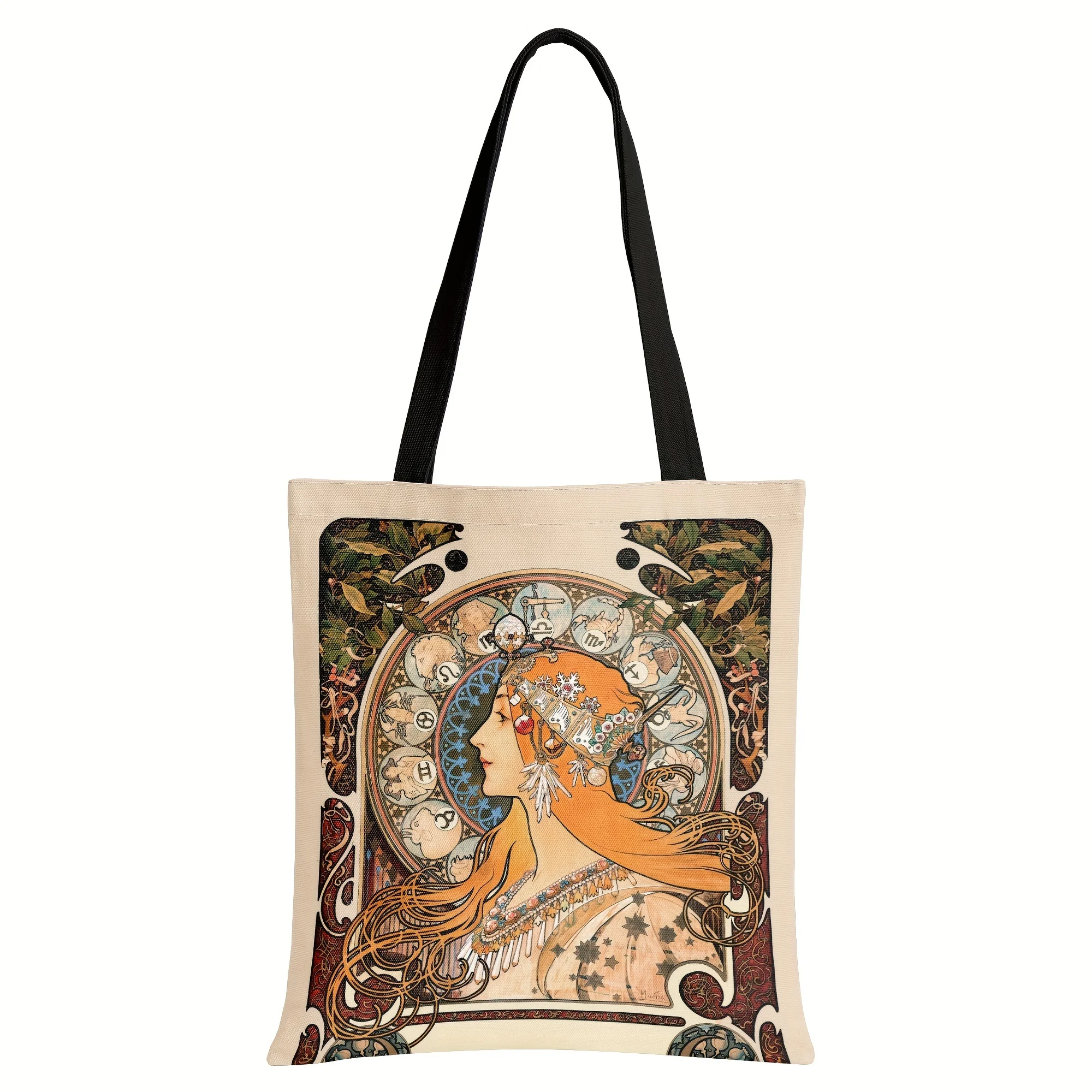 Zodiac Female Pattern Large-capacity Handbag, Linen Exquisite Lightweight Shoulder Bag, Casual and Fashionable Commuter Bag