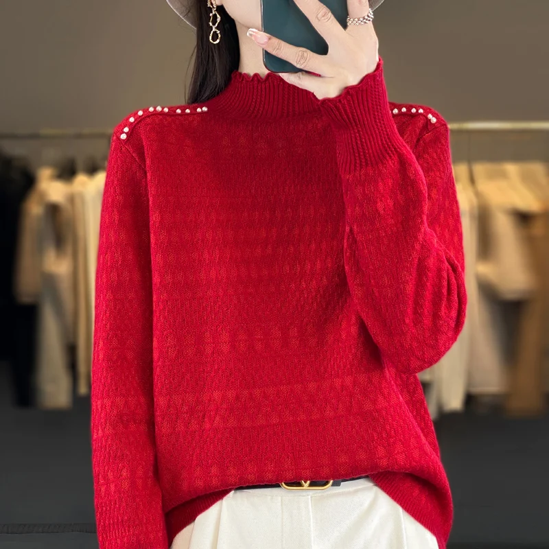 2024 New Spring and Autumn Cashmere sweater Long Sleeve Women Mock Neck Knitted Sweater  Pullover Cashmere sweater Women