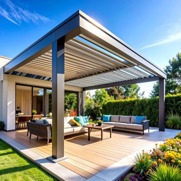 

Luxury Style Modern Design Aluminum Alloy Frame Motorized Louvered Pergola Waterproof Sun Shade Windproof Gazebo for Home Garden