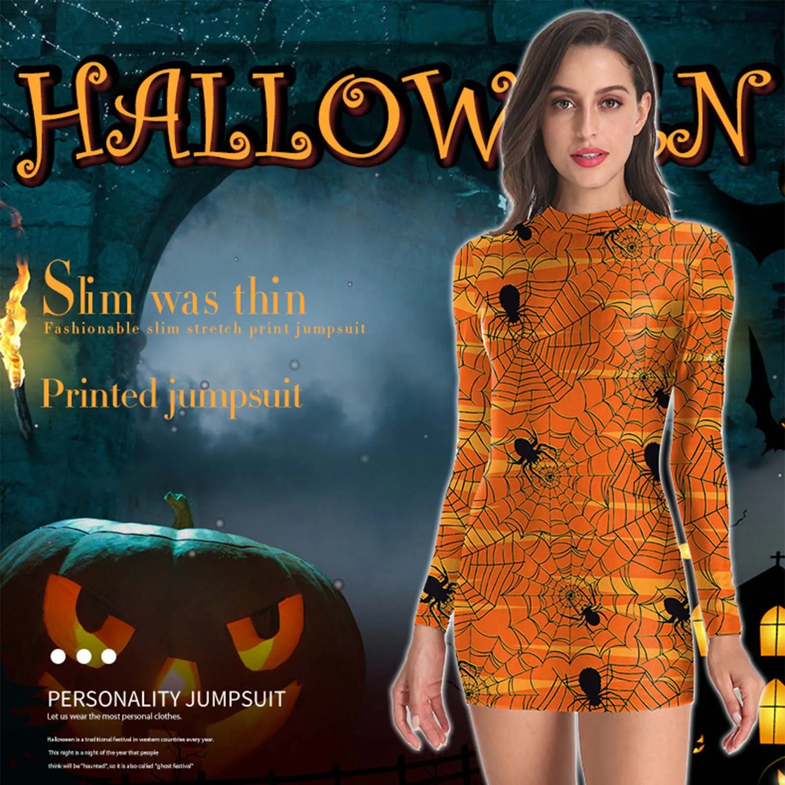 

Women'S Halloween Dress 3D Digital Print Spider Skull Print Trend Personality Dress Long Sleeve Waist Pack Hip Slim-Fit Dress