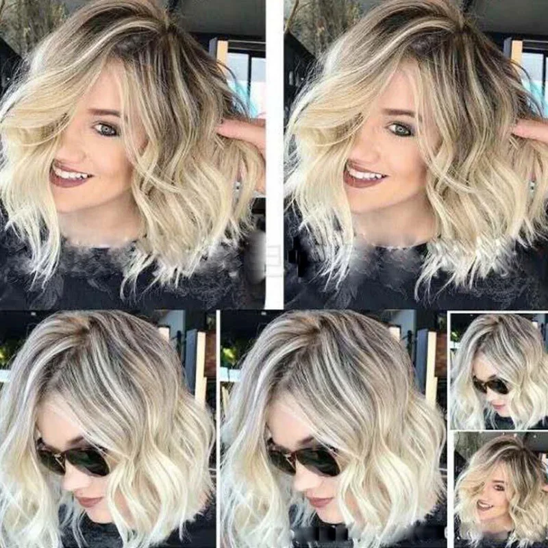 Perücke Damen Mittelscheitel Kurze lockige Farbverlauf Große Welle Farbverlauf Flauschige Birnenblüte Kurze Perücke Kurzes Haar