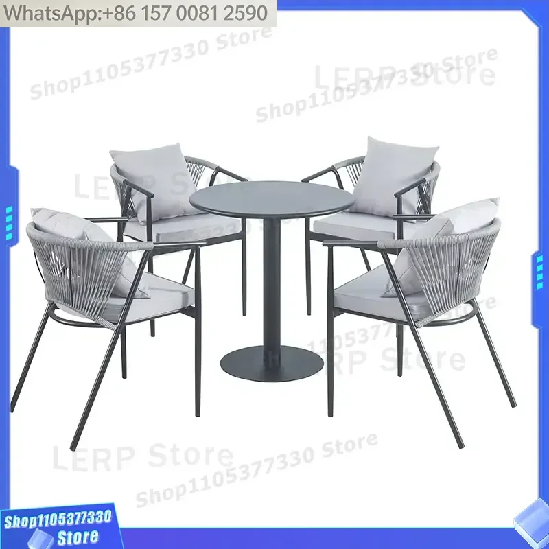 Modern Patio Furniture Dinning Table Set Outdoor Dining Chair Metal Table and Rope 4 Chairs for Restaurant