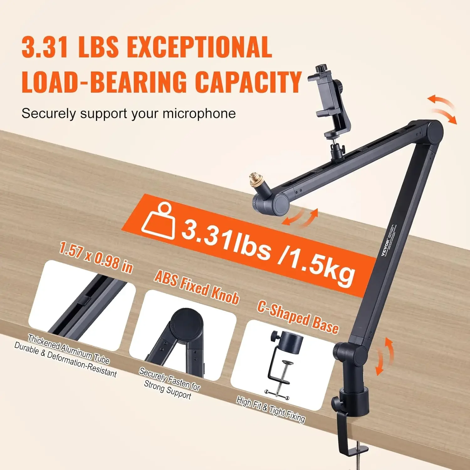 Microphone Boom Arm with Desk Mount, 360° Rotatable, Adjustable Mic Stand with 3/8" to 5/8" Adapter Port