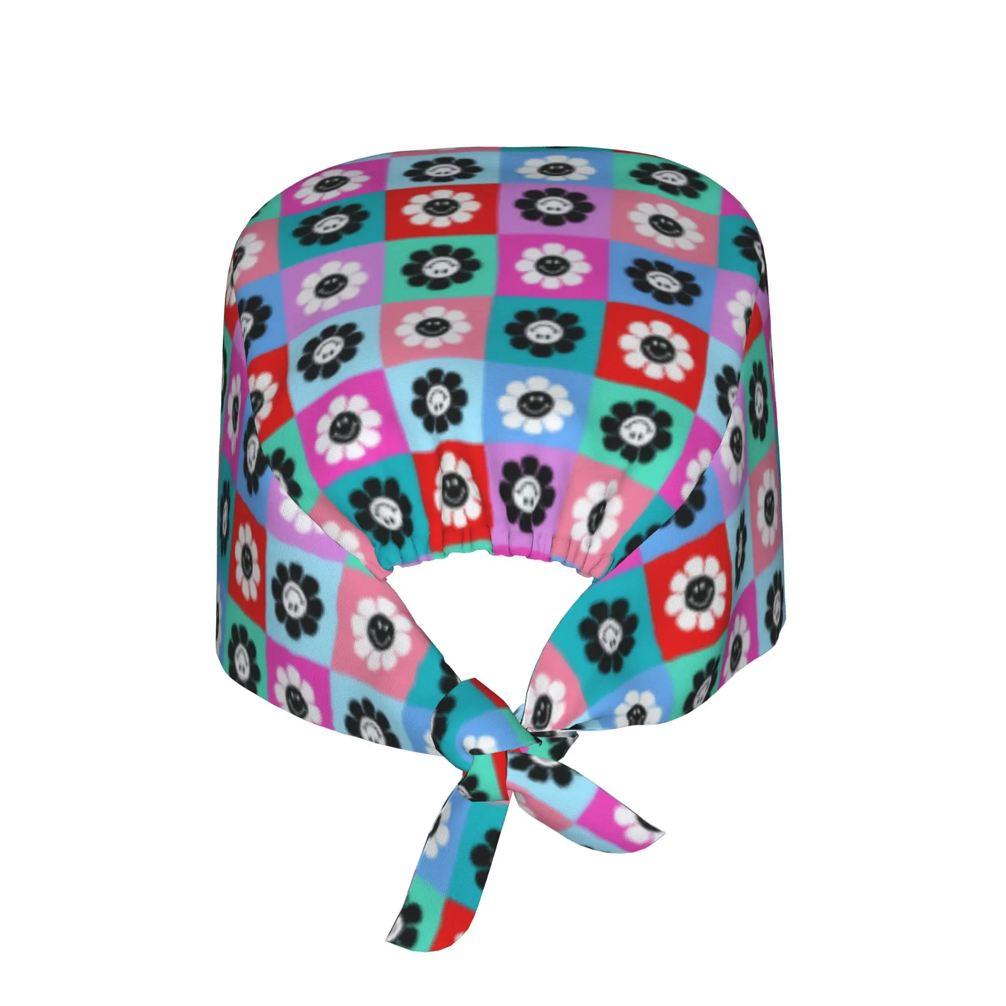 Daisies Happy Face Checker  Working Cap Surgical Hats Women Men Colorful Flowers  Operating Room Cap Operator Hats Lab Works Hat
