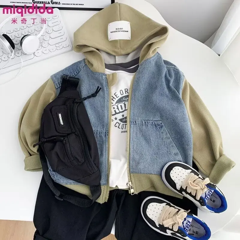 Spring Autumn Denim Jacket For Boy Girl New Korean Version Fashion Patchwork Hooded Coat Casual Children\'s Clothing