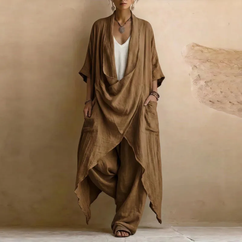 Woman Casual Vacation Loose Long Kimono Outfits Boho Pockets Wide Leg Trousers Suit Draped Open Front Irregular Pleated 2pcs Set