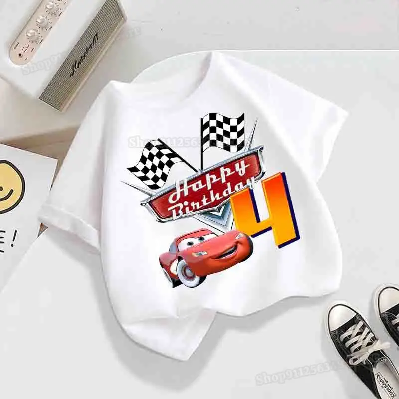 Lightning Mcqueen T-shirt for Kids Clothes Birthday Number 1-9 Print Children's Clothing Party Wear Cotton Tops Disney Cars Tees