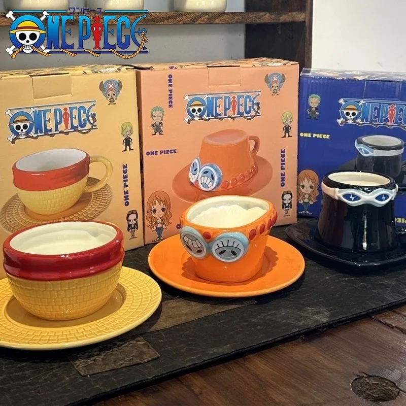 Taza de Cerámica ONE PIECE, Taza de Café de Anime, Taza de Café de Cerámica con Forma de Sombrero de Luffy, Ace, Sabo, Chopper, con Platillo, Regalo Creativo y Único