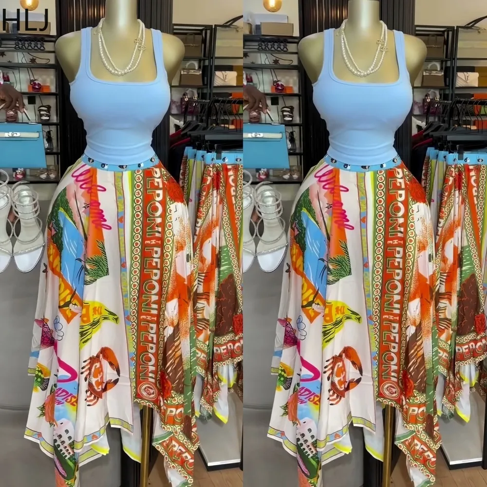 HLJ Boho Women Colorful Graphic Print Asymmetric Skirt High Waist Elastic Waist Flowy Irregular Hem Midi Skirt Summer Vacations