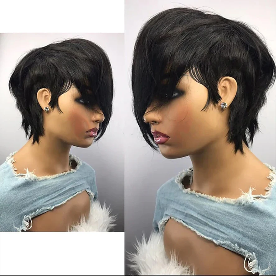 Pelucas de cabello humano brasileño sin pegamento para mujeres negras, corte Pixie corto con flequillo, sin encaje, Color negro