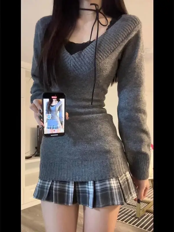 

Облегающий вязаный свитер с v-образным вырезом в стиле ретро, повседневный универсальный осенне-зимний мягкий уютный трикотаж, женский модный тренд