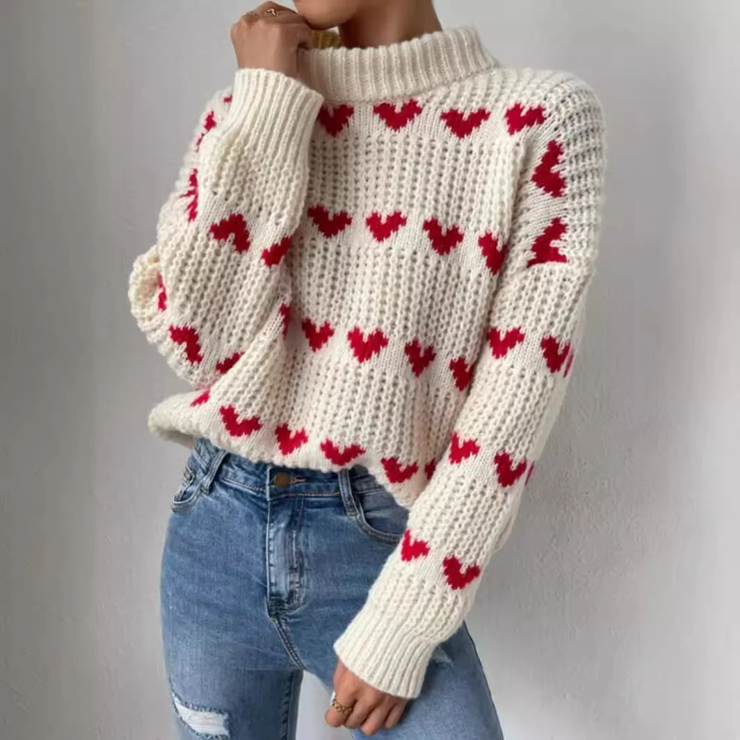 Women's Winter Heart Pattern Drop Shoulder Round Neck Long Sleeve Casual Pullover Warm  Sweater