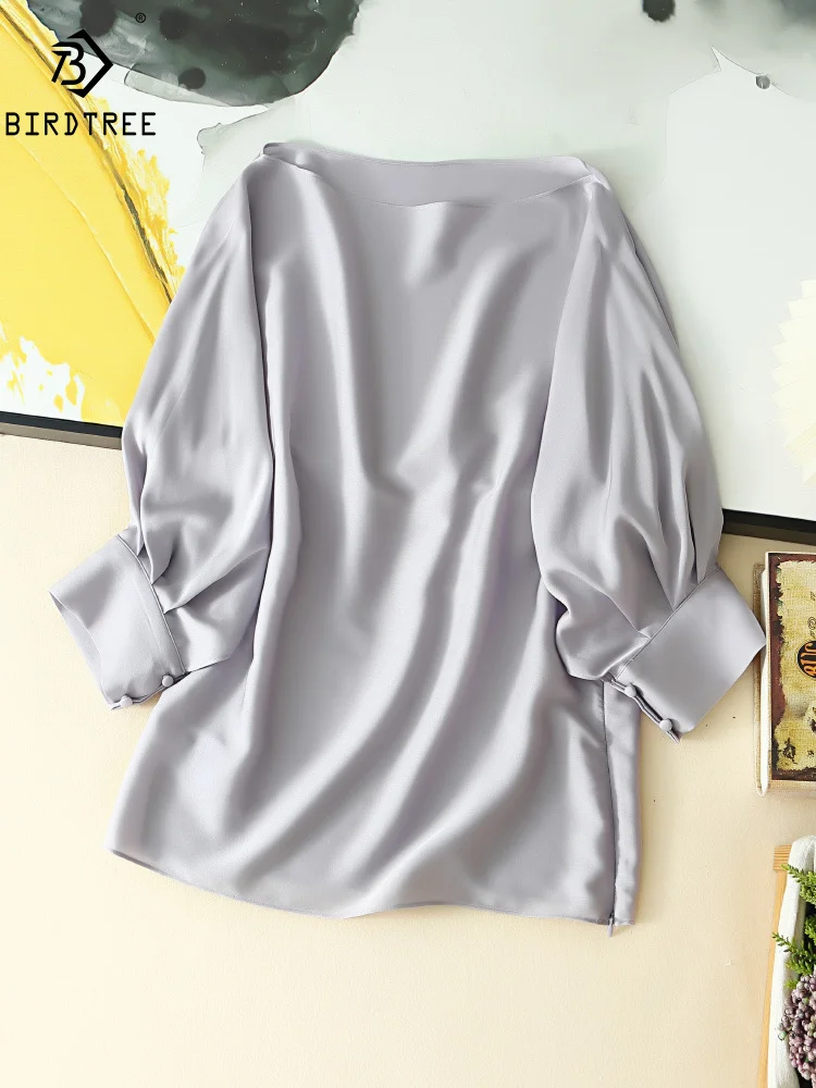 

BirdTree, 95%Natural Silk Elegant Shirt, Women Long Sleeve Slash Neck Solid, Loose Fashion Blouses, 2024 Summer Autumn T46010QM