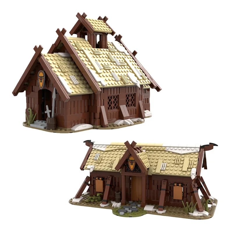 

Набор блоков MOC на заказ-модель в средневековом стиле викингов Longhouse и столовой, идеальные креативные сборные игрушки для архитектуры