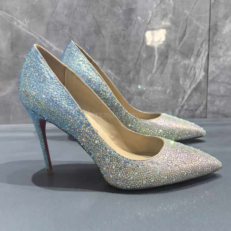 Mermaid Color Full Rhinestone High Heel Single Shoes Women Stiletto Heels Shallow Pumps Handmade Quality Shoes Lady Size 43