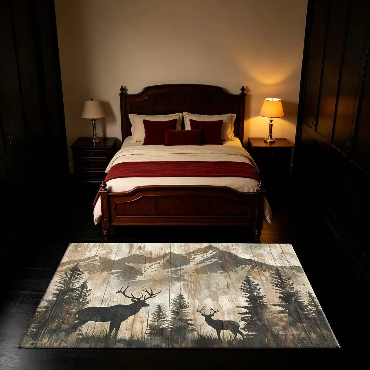 Rustic Wood Mountain Deer Forest Wildlife Carpet Flooring Non‑Slip Nature Style Area Rug for Cabin Living Room Bedroom Home Decoration view 4