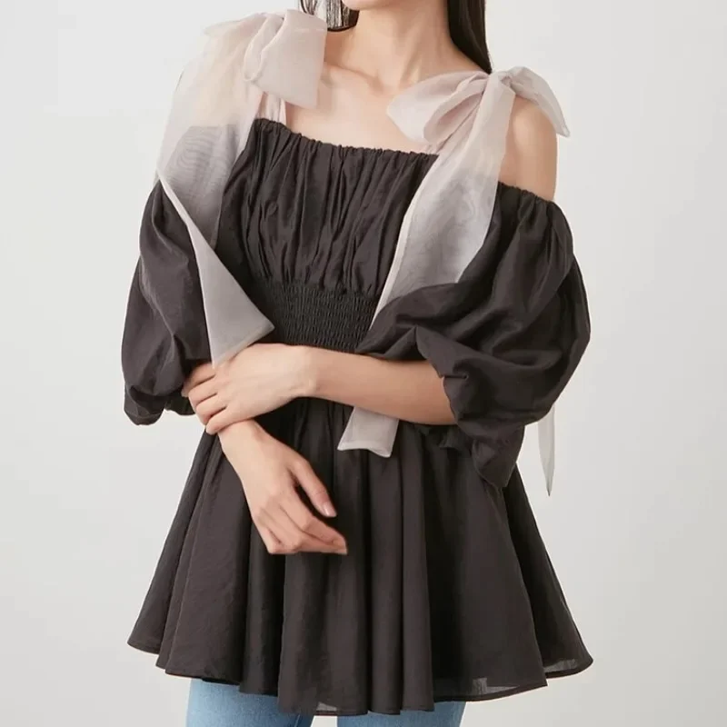 Japan Style Sweet Bow Puff Sleeve Blouse Slash Neck Slim Wasit Chiffon Shirt Women 2024 Spring Summer Solid All-match Blusas