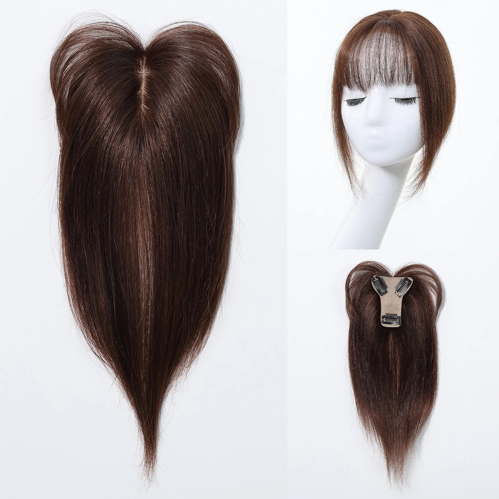 Rambut Asli Remy Berbasis Sutra Cokelat 10 Inch dengan Poni, 3 Jepitan, untuk Wanita, Penggunaan Sehari-hari dan Pesta, Ekstensi Rambut