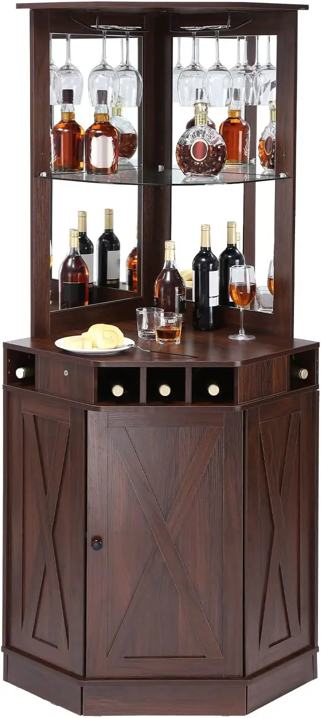 Vetor Corner Industrial Bar Cabinet, Wine Table per liquori e bicchieri, credenza Buffet Cabinet con supporto in vetro, Freestanding F