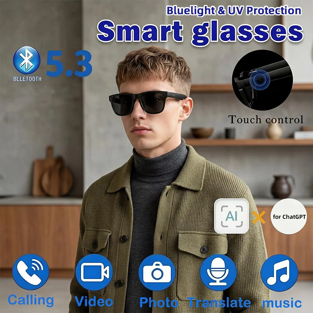 AI Remote Control Touch Smart Glasses 8K HD Photo Camera Recording Translator Voice Assistant Music Bluetooth Sunglasses UV400