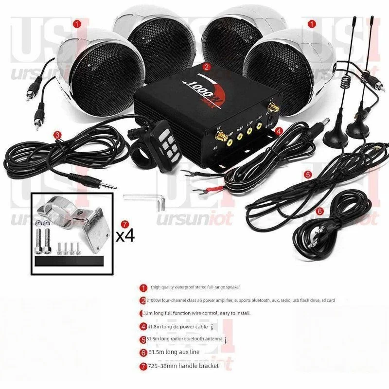 1000W 4-Channel Motorcycle Stereo Surround Sound System with Speakers; Supports Radio, AUX, Bluetooth, and USB