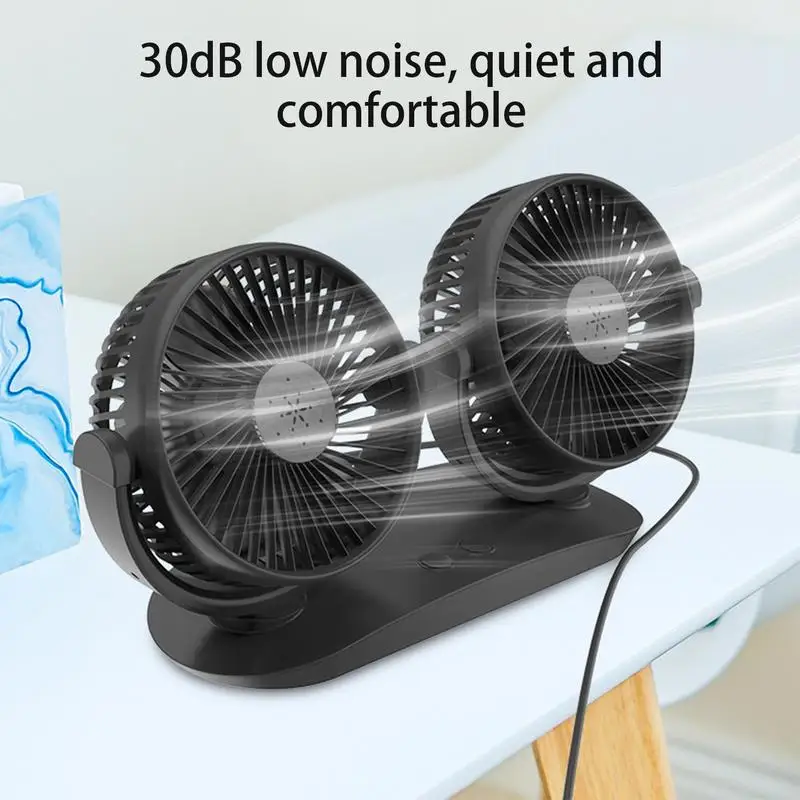 

Car Fan Double Head Car USB Fan Strong Wind Low Noise Cooling Device 360-Degree Rotation For Trucks, RVs, Travel, Workplace
