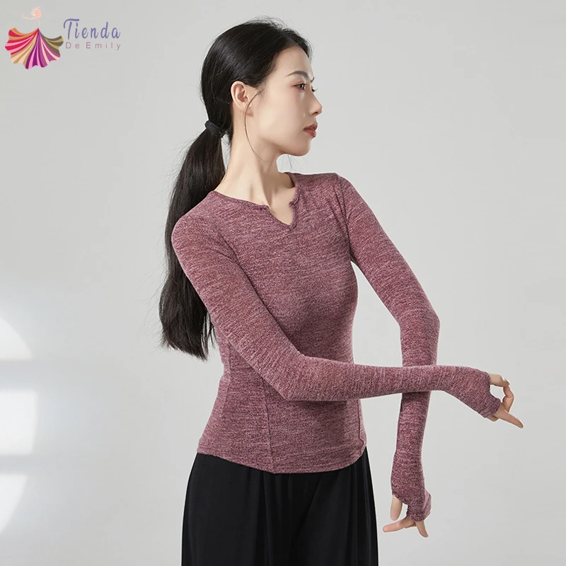 Classical Dance Top Practice Clothes Women Long Thumb Finger Sleeve Shirt Outfits Modern Performance Line Dancewear Costume Tee