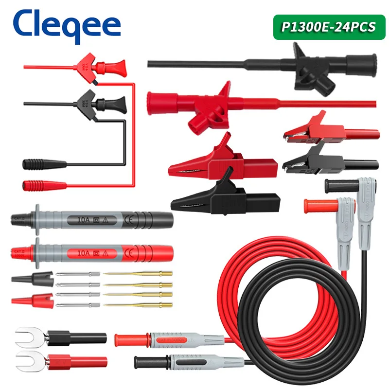 

Cleqee P1300E 24PCS Multimeter Test Leads Kit with Replaceable Test Probe Alligator Clip Test Hook 4mm Banana Plug Cales 1M