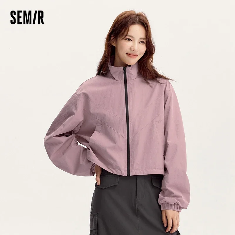 Semir Jacket Women Stand Collar Plaid Texture Three-Proof Outerwear 2024 Autumn New Oversized Drawstring Contrast Color Jacket