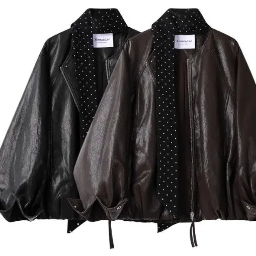 Hong Kong Style Short PU Leather Jacket Women's Motorcycle Clothes Vintage Slim Fit Early Autumn Fashion Casual Standard Model