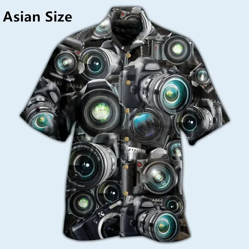 Full Print Colorful Camera Pattern Tropical Hawaiian Shirt For Men Short Sleeve Button Vacation Shirts Tops Men's Casual Shirt
