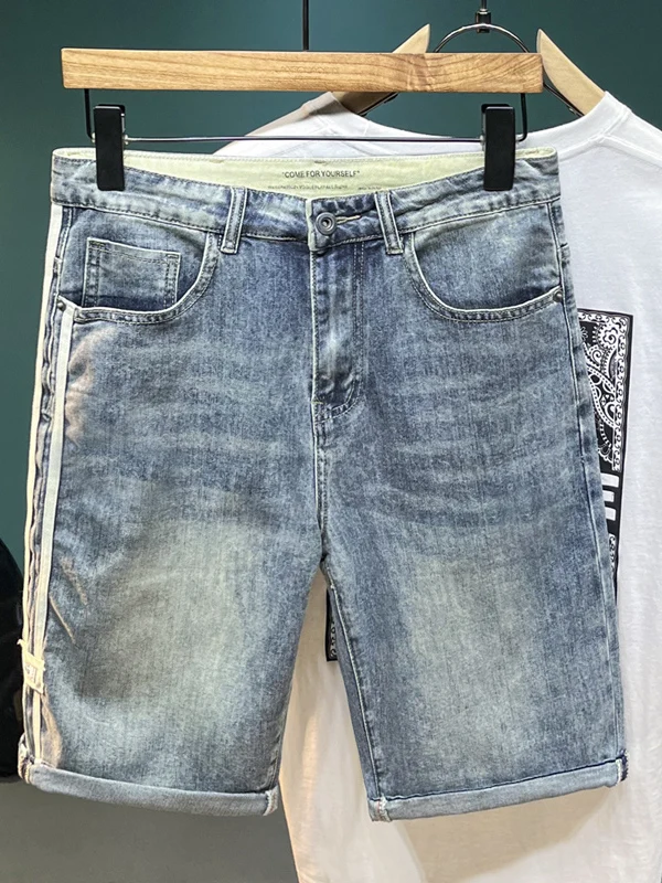 

Summer Thin Side Stripe Jeans orts Men's Trendy Slim Straight Five-Point Casual Elastic Mid-Pants Cotton Stretch Denim