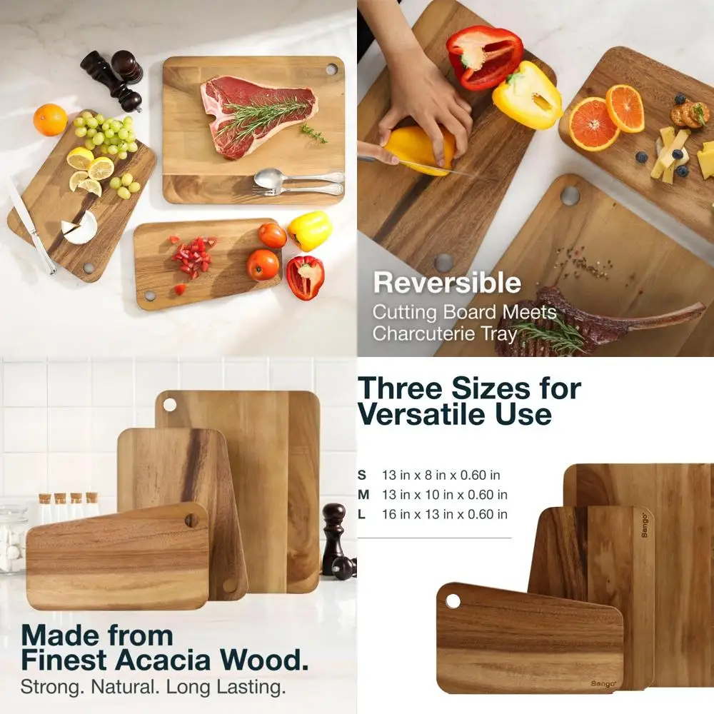 

Набор из трех штабелируемых двусторонних деревянных разделочных досок с наклонным краем и подвесными отверстиями для использования на кухне