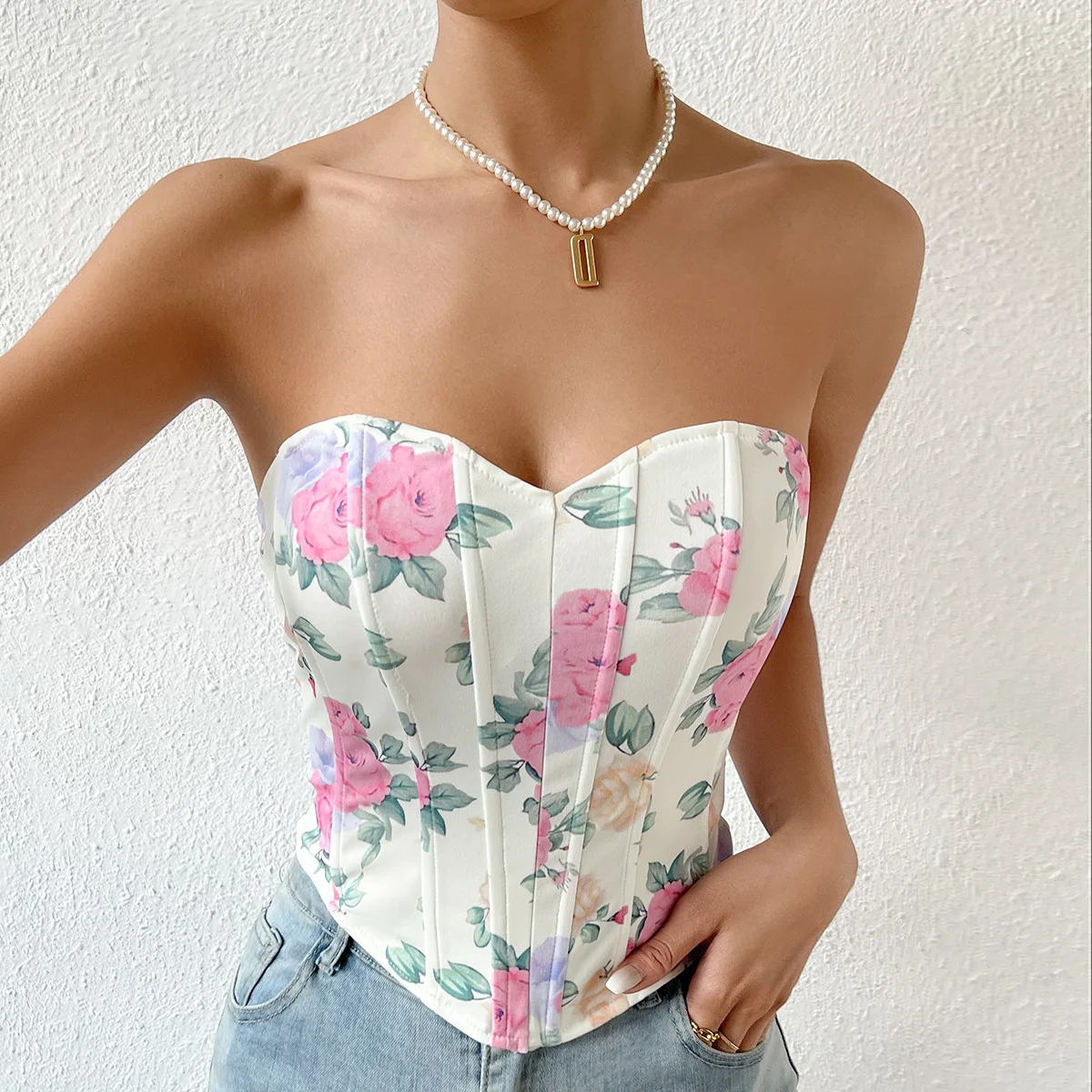 ISAROSE Summer Strapless Tops for Women Sexy Floral Low Cut Backless Single-breasted Corset To Wear Out Party Club Crop Tops