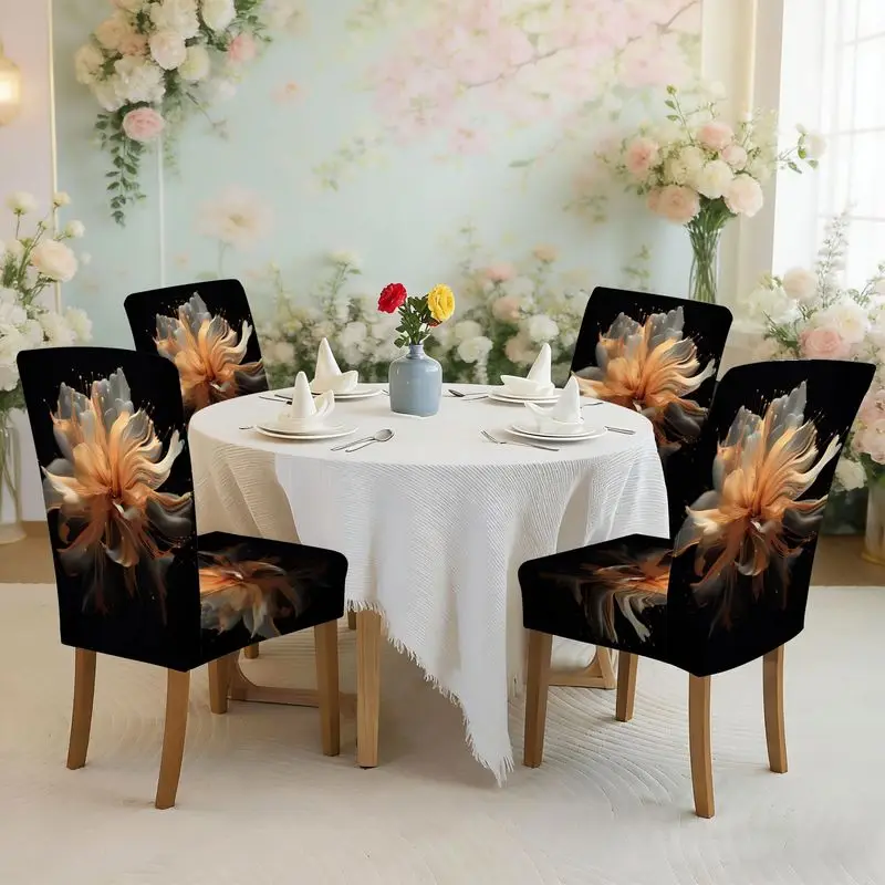 

Набор чехлов для обеденных стульев с плоским принтом и цветочным узором на черном фоне, легко устанавливается, можно стирать, чехол для стула.