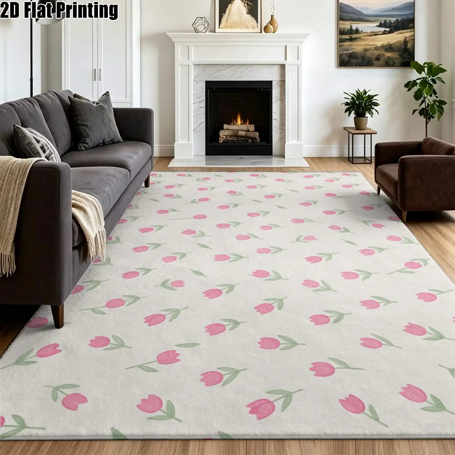 1Pc 2D Printed Pink Tulip Carpet, Instagram-Style Floor Mat, Modern Simple Home Decor Rug, Multi-Size, Machine Washable, for Entryway, Dining Room, Bedroom, Living Room, Etc