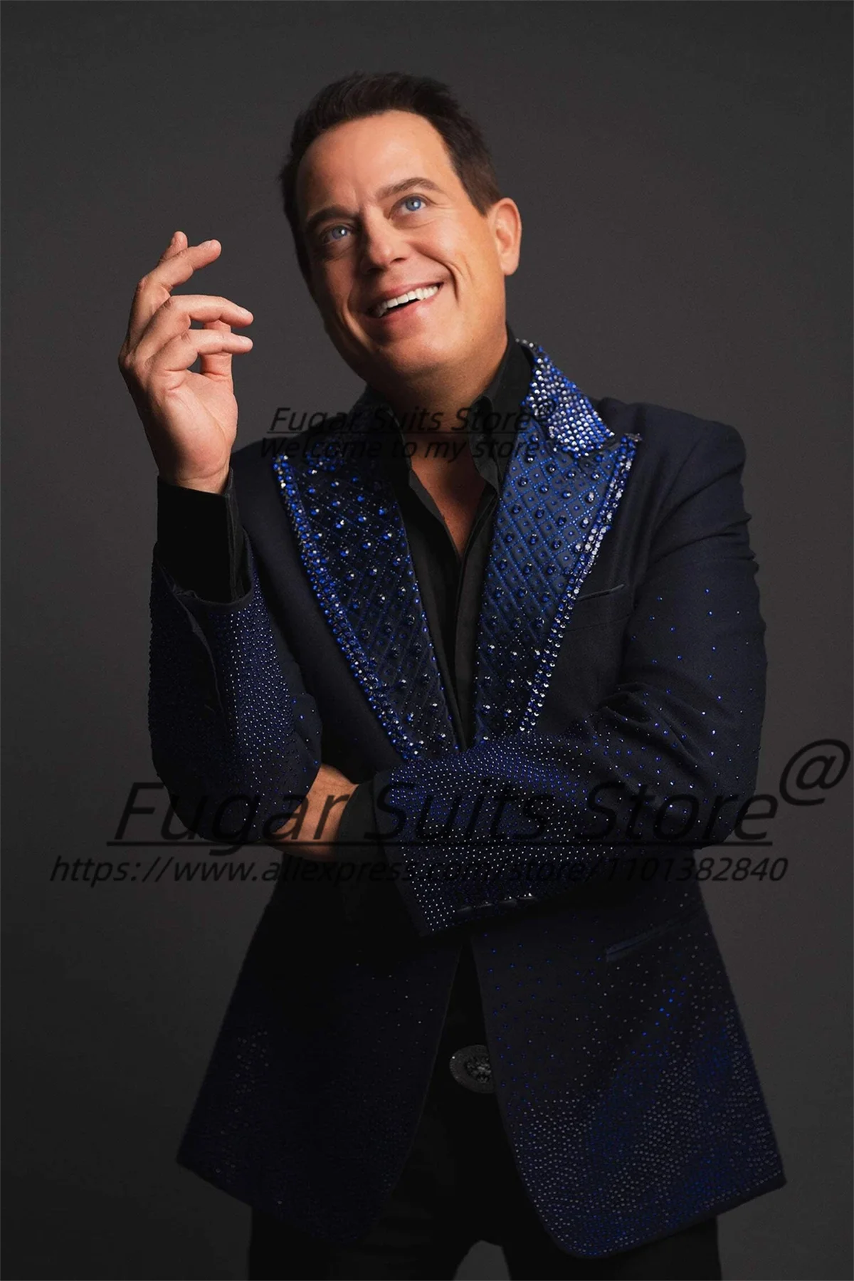 

Magnificent Navy Blue Men Suits Customized Shiny Diamond Groom Wedding Tuxedos 2Pieces Sets Male Prom Blazers trajes para hombre