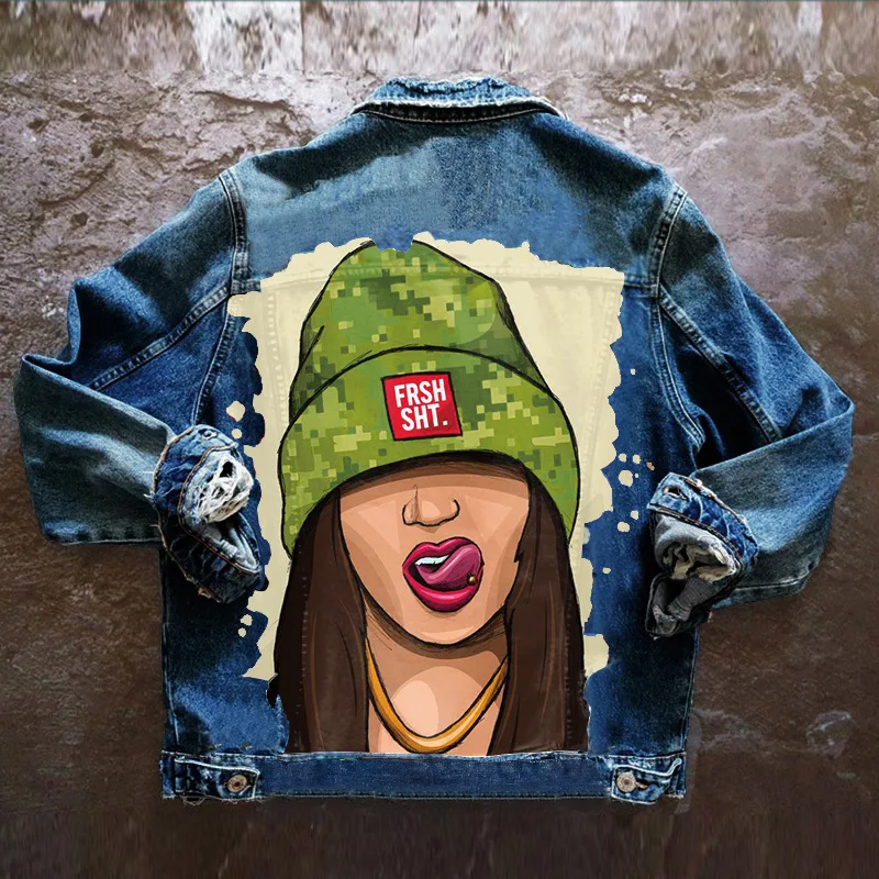 Jacketwomen's Denim New Stylewomen's Spring And Autumn New Personalized Hat Girl Print Net Red Pattern Fashion Casual Denim Jack