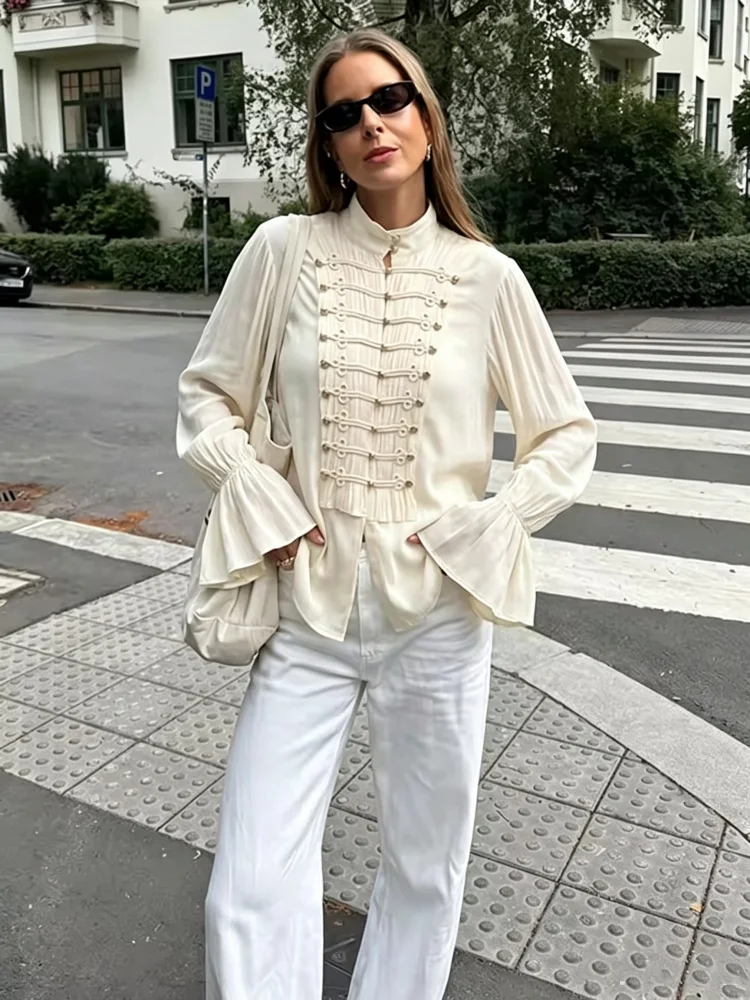 Autumn New Vintage Sheer Chiffon Blouse Chic Stand Collar Single Breasted Long Sleeve Shirts Office Lady Elegant White Shirts